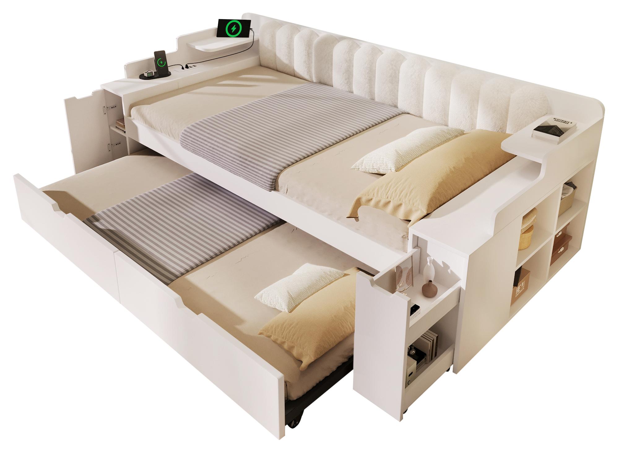 Sofabett 90x200 cm Weiß aus Sherpa mit Ausziehbett, Ladestation, Rollwagen und Schrankfach, ohne Matratze