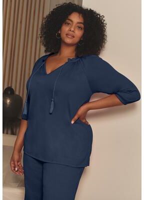 Plus Size Women's Knit Gauze Peasant Tunic by Avenue in Navy (Size 14)