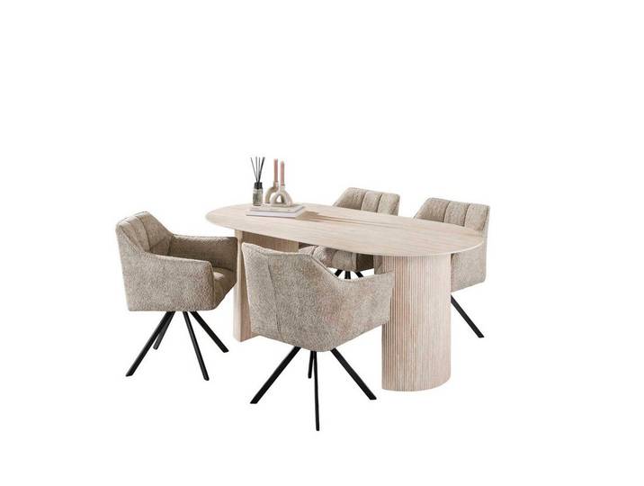 Vintagehaus Essgruppe 5er Set Arch Organic 180 Travertin + 4 Stühle Raster Boucle