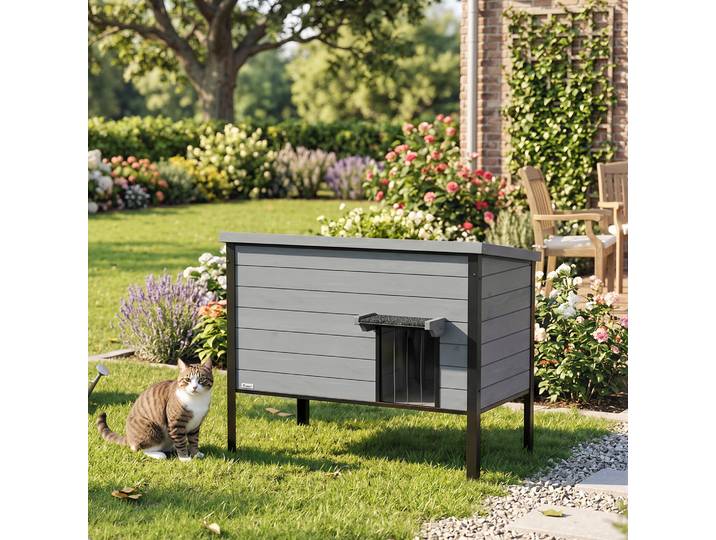 PawHut Maisonnette Chat Étanche 1-2 Chats 85x55x70cm Gris Clair