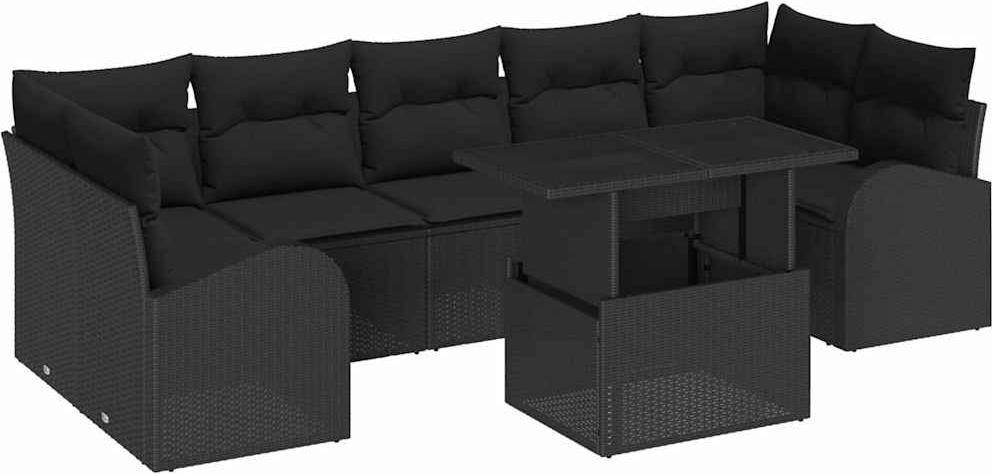 Modulares Garten-Sofa-Set, Outdoor-Lounge für Terrasse & Balkon, Poly-Rattan & Stahlrahmen, 7 Sitzplätze, Schwarz, 8-teilig mit Tisch & Kissen