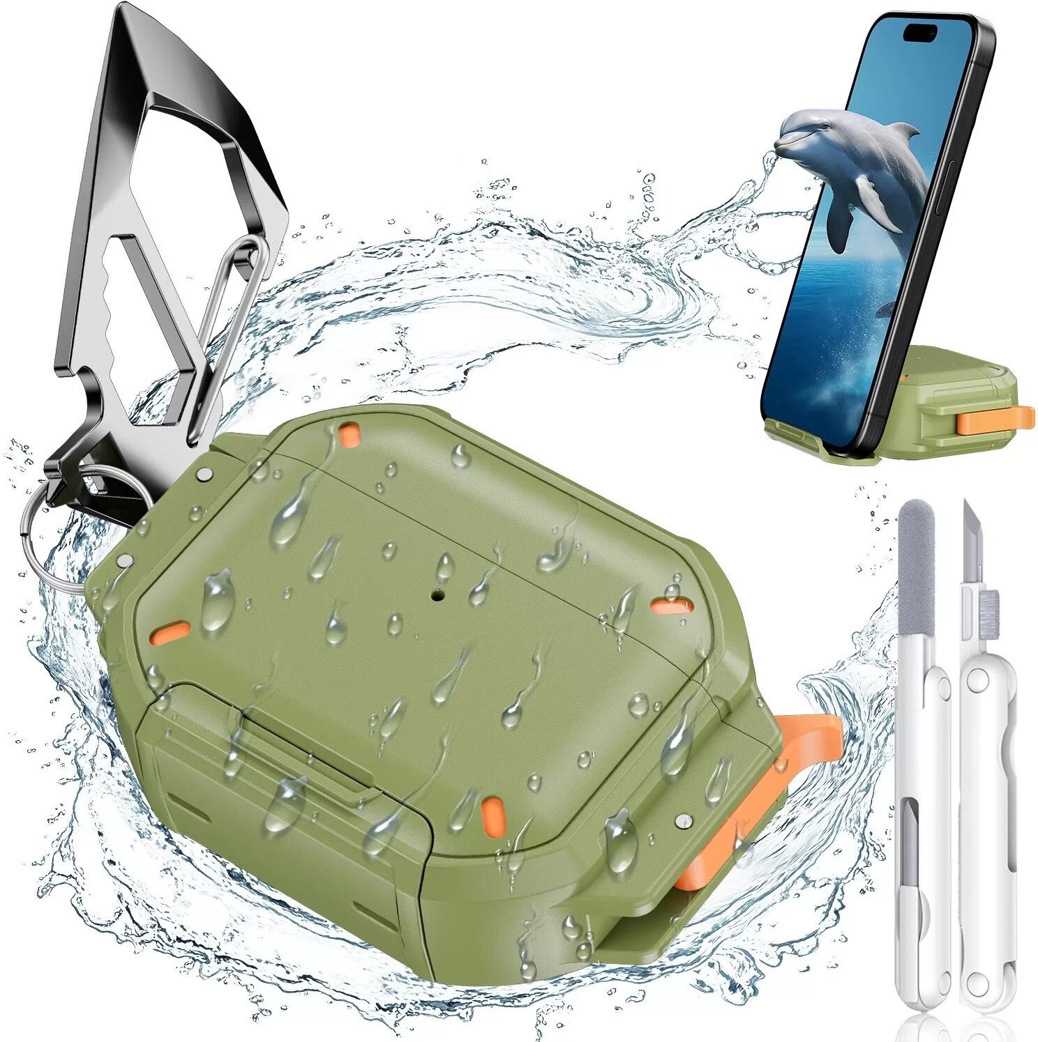 INF Étui de protection en TPU avec stylo de nettoyage compatible avec Apple AirPods Pro 3 - Antichoc et étanche Vert