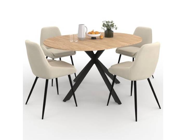 IDMarket - Set ausziehbarer runder Esstisch ALIX aus Holz und Schwarz 110-150 cm und 4 Stühle THALYA Samt beige