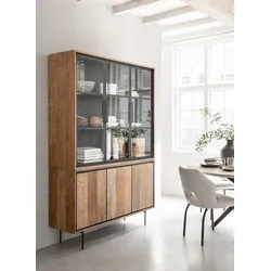Vitrine Metropole aus Teak und Metall, Industrial Design, natur und schwarz, 3 Türen