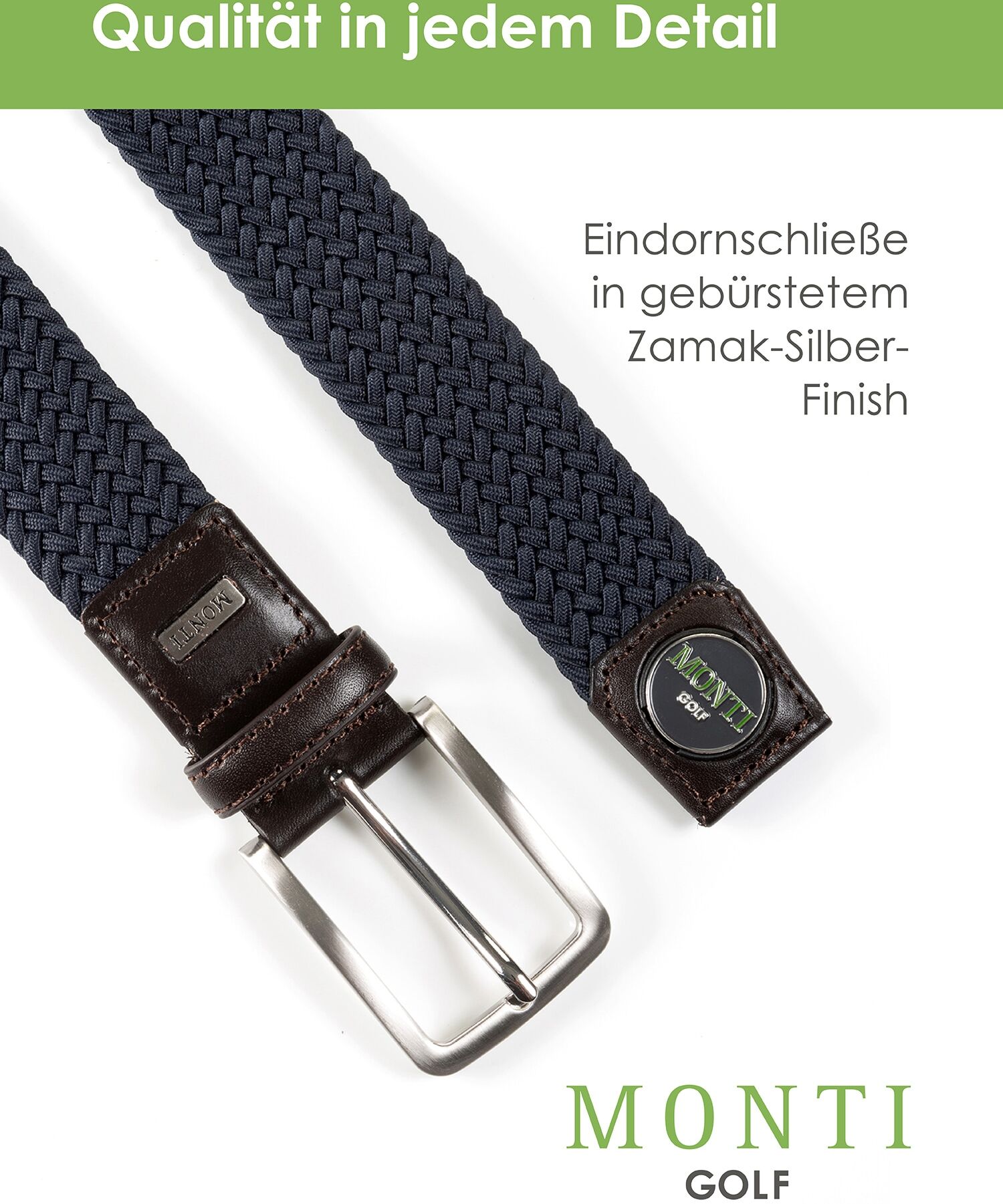 Flechtgürtel MONTI "BIRDIE", Herren, Gr. 105, blau (dunkelblau), Materialmix, unifarben, Gürtel Flechtgürtel, elastisch, integrierter Ballmarker magnetisch, 3,5 cm breit dunkelblau 105