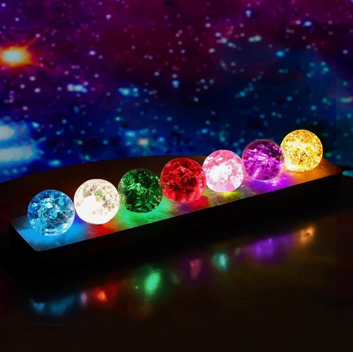 Set van 7 Kristallen LED Sfeerballen met Houten Basis voor Decoratie