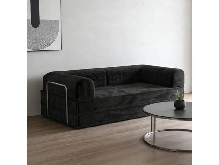 Wetsfgdg Bodensofa mit Schlaffunktion,Schlafsofa,Klappbare Matratze,Modular,mit Stahlrahmen-Bett Cord-Sofa mit waschbaren & abnehmbaren Bezügen – Ideal als Daily-Use Bettersatz(Schwarz) L:150cm
