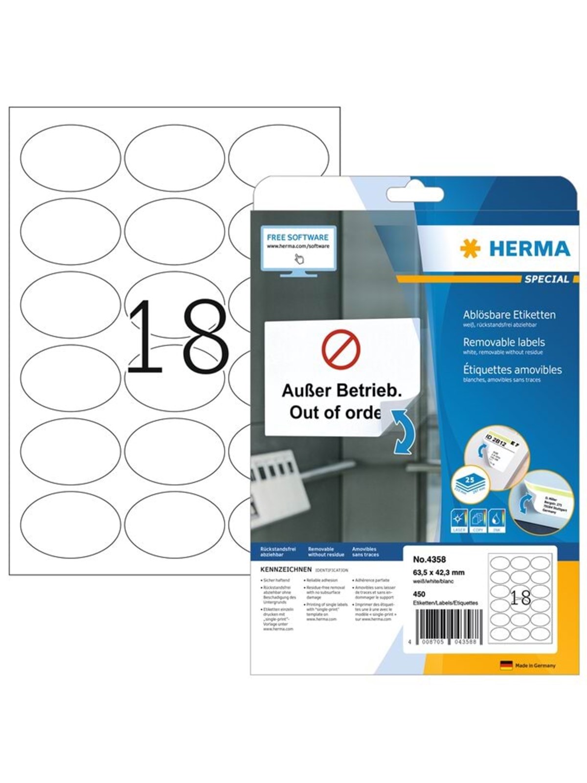 HERMA Ablösbare Etiketten A4, 63,5 x 42,3 mm, weiß