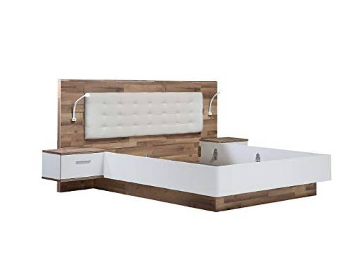 Forte Modern Way Bett, Liegefläche 180 x 200 cm, Holzwerkstoff, Stabeiche Dekor Kombiniert mit Weiß Matt, 296,5 x 119,7 x 210 cm