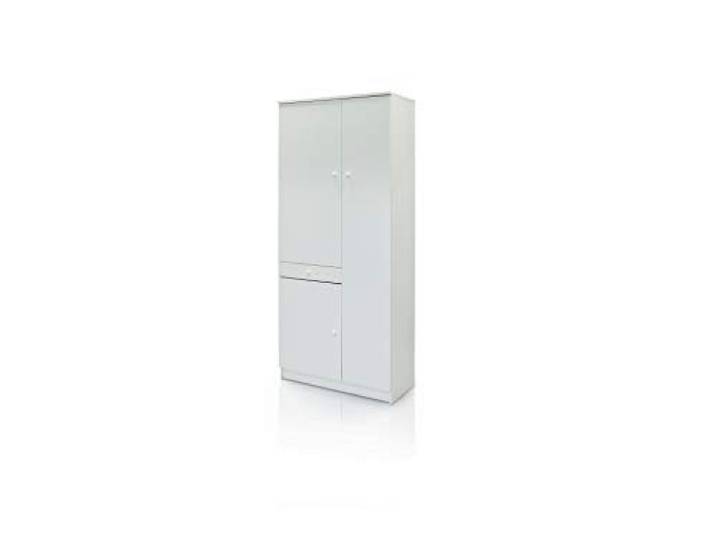 Dmora Multifunktions-Kleiderschrank mit einer einzigen Tür auf der rechten Seite und auf der linken Seite zwei Türen geteilt durch eine Schublade, Farbe Weiß, 77 x 34 x 183 cm.