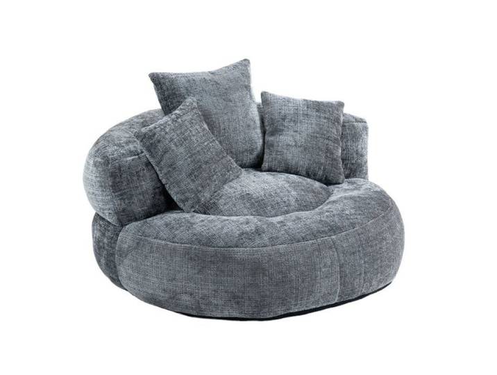 Pouf - LANGTU - Dossier haut 3 coussins - Chenille grise - Rond 108x108x52 cm - Mousse moelleuse