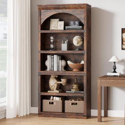"Garvee 68.7"" Arched 5-Shelf Bookcase, Tall Farmhouse Wooden Open Storage Bookshelf with Curved Design"