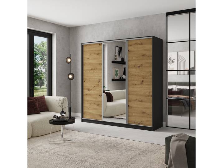 Masseno Schiebetürenschrank SORE 200/205/58cm 3-türig mit Spiegel Schwarz