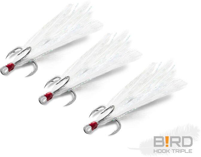 Delphin B!RD Hook TRIPLE / 3pcs plumes blanches #8 Beige, Gray, Gold plumes blanches #8