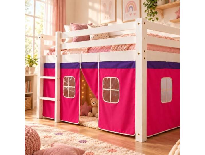 Homestyle4u Hochbett Zubehör Kinder Pink Vorhang Mädchen Baumwolle 1519 3-teilige Bettumrandung für Kinderhochbetten 90x200 cm, mit Fenstern zum Anbinden, 100 % Baumwolle, Höhe 75 cm