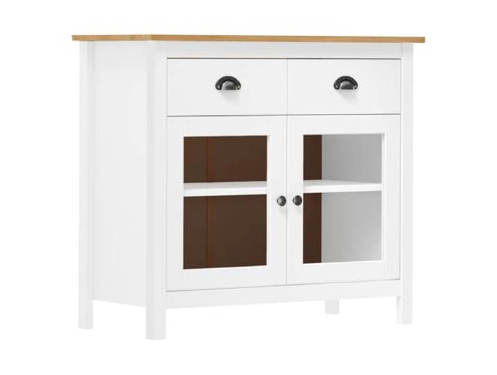 vidaXL Kiefernholz Massiv Sideboard mit 2 Schubladen 2 Glastüren Kommode Beistellschrank Schrank Anrichte Mehrzweckschrank Weiß 90x40x80cm