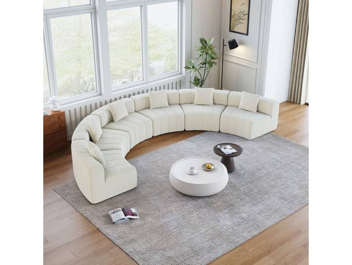 HOMVRA Canapé modulable courbé 6 places en chenille beige demi-rond avec 2 coussins sans montage