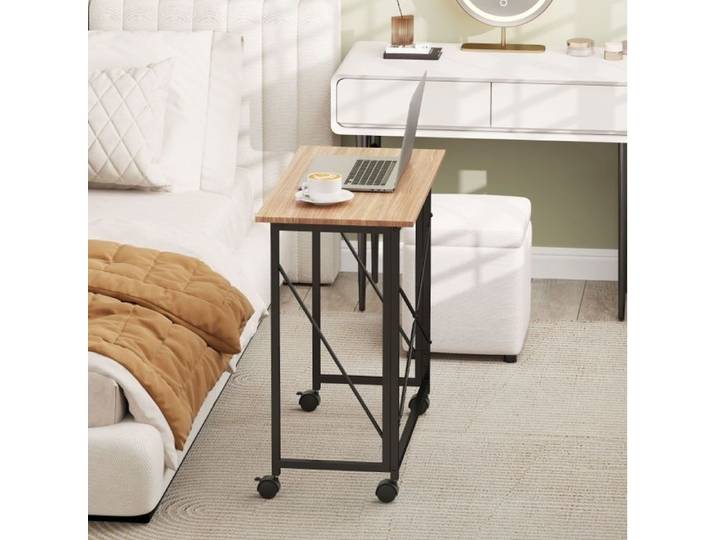 MEUVYX Bureau pliant à roulettes avec 2 roulettes verrouillables plateau chêne en MDF et acier 80 × 40 × 75 cm