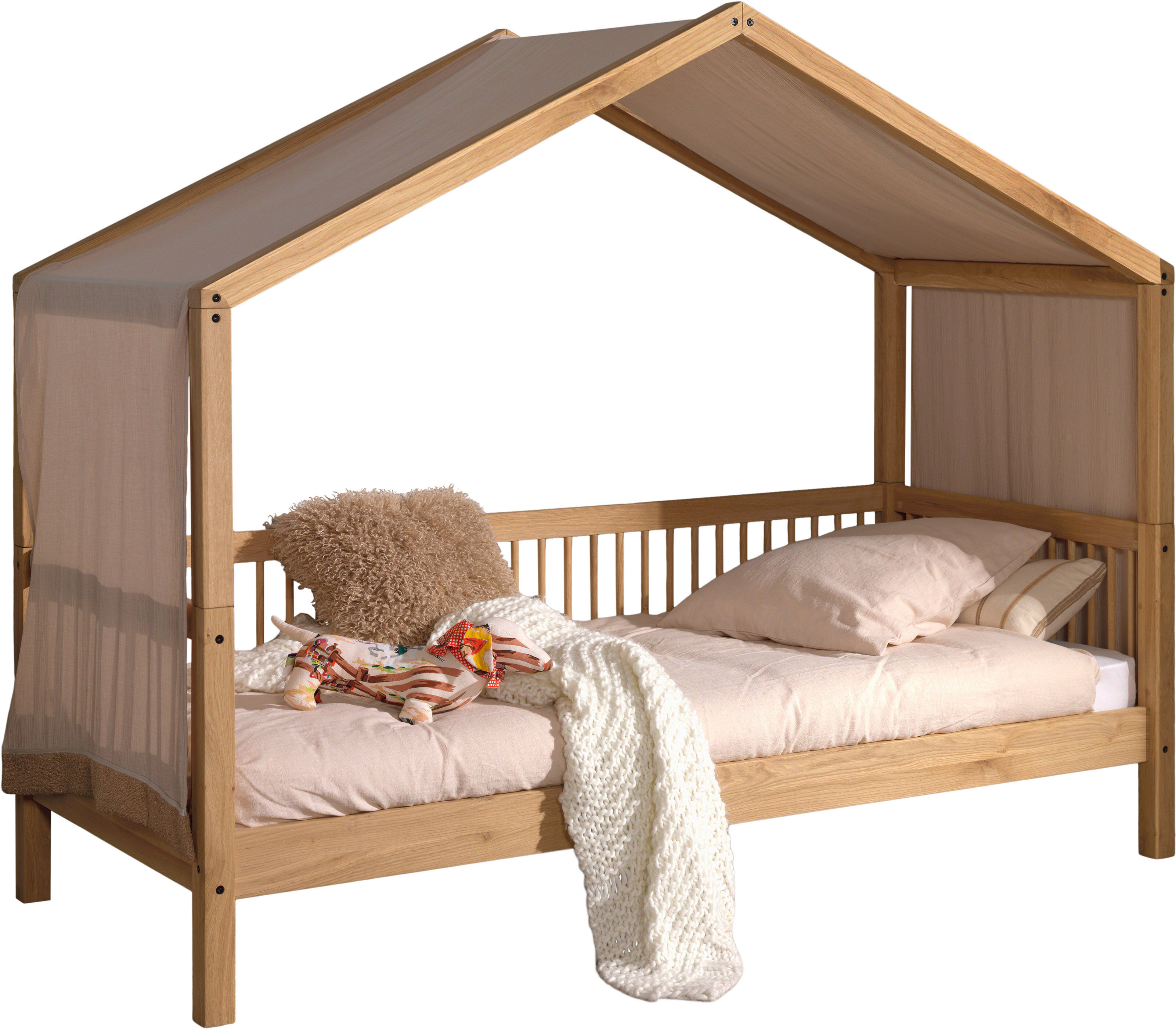 Hausbett VIPACK, braun (eiche natur geölt, eiche natur geölt, eiche natur geölt), B:97,5cm H:170cm L:207,5cm, Textilhimmel 100% Baumwolle, Betten, Hausbett, aus massiver Eiche geölt, LF90x200 cm, mit Textilhimmel