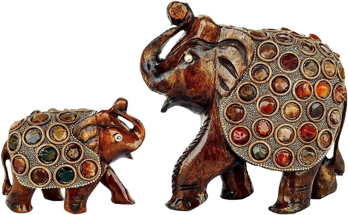 Handgemaakt houten standbeeld Moeder en Kind Olifant voor huisdecoratie