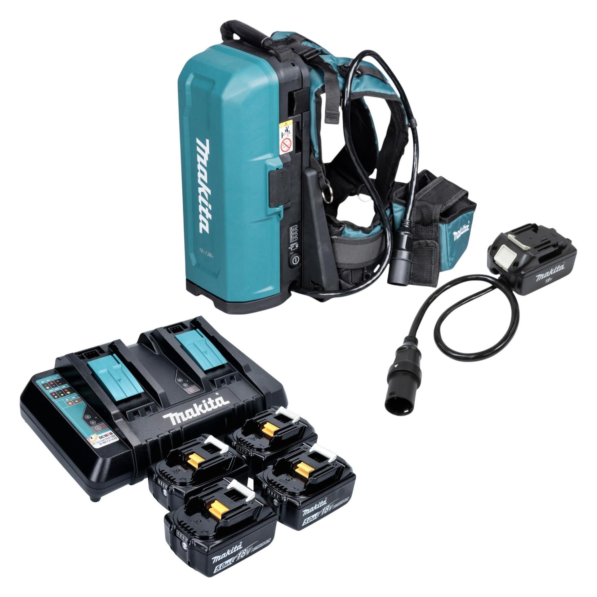 Makita PDC 01 Akku Rucksack 36 V ( 2x 18 V ) + Akku Adapter 18V + 4x Akku 5,0 Ah + Ladegerät (18 V) (191A59-5)