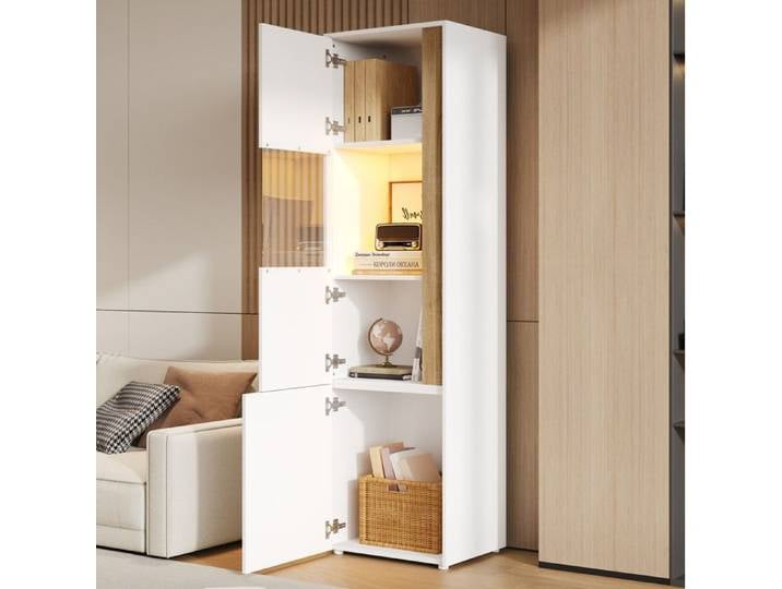 Vitrine haute blanche et naturelle avec LED réglable 2 portes 50 x 40 x 179 cm