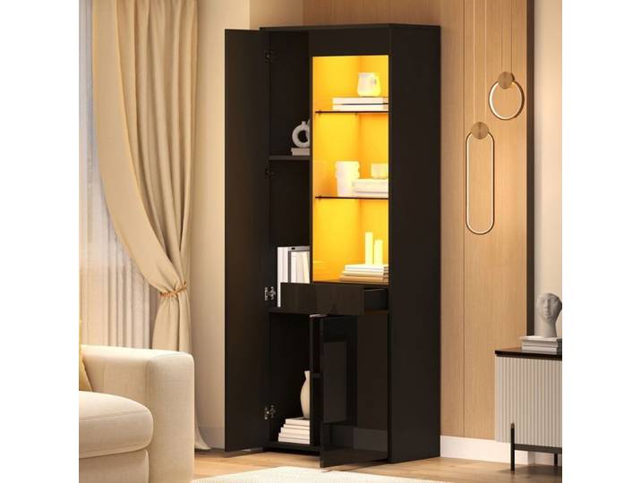 Vitrine 70*35*180cm équipé de tiroir Vitrine haute brillance Haute armoire Noir Vitrine en verre avec éclairage LED