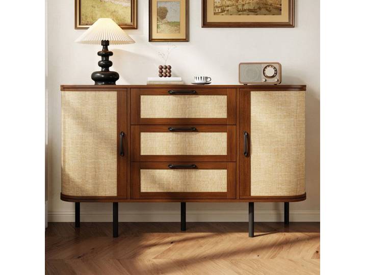 Buffet avec 2 portes 3 tiroirs Buffet bas Buffet de salon Meuble de rangement Façade cannage Coins arrondis Étagères réglables