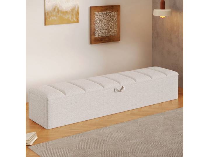Bout de lit coffre 163x32x36 cm en velours capitonné blanc