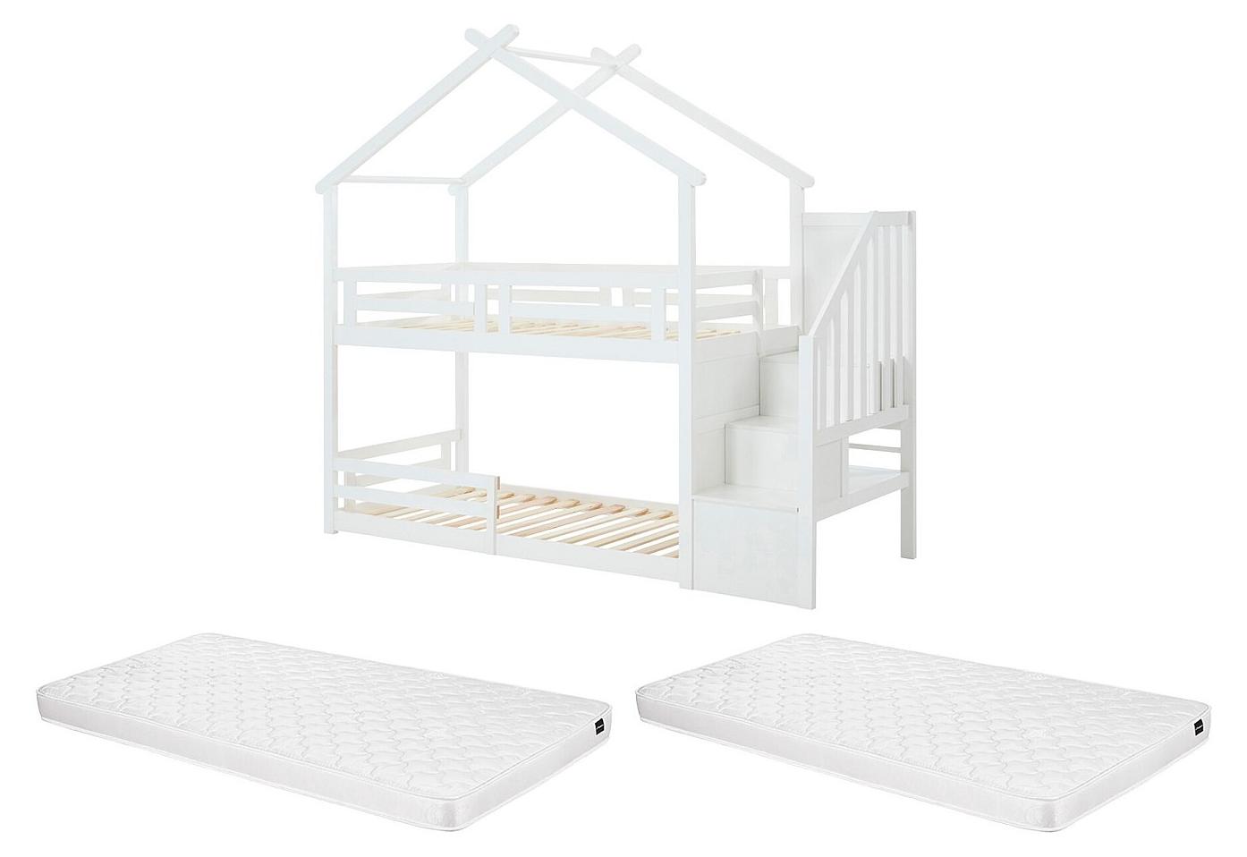 Hochbett Hausbett - 90 x 190 cm - Kiefer & MDF + Matratze - Weiß - TALETY