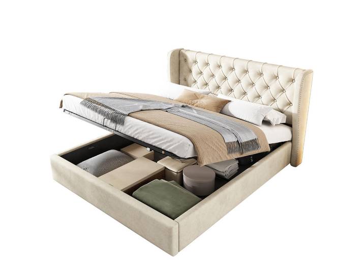 Flieks Polsterbett 140x200 Ohrenform Samt Hydraulisch Stauraum Beige, 140x200 cm, Schlafzimmer, Betten, Polsterbetten