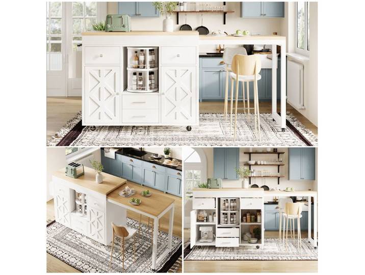Îlot de cuisine - Îlot de Cuisine Extensible - Extensible 110-180 cm - Roulettes 360° - 4 tiroirs