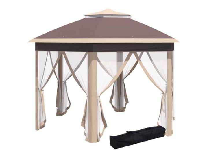 Outsunny Gartenpavillon Faltpavillon 4 x 4 m Doppeldach sechseckig Khaki Pop-Up-Zelt, Partyzelt, inkl. Tragetasche, 6 Seitenteile