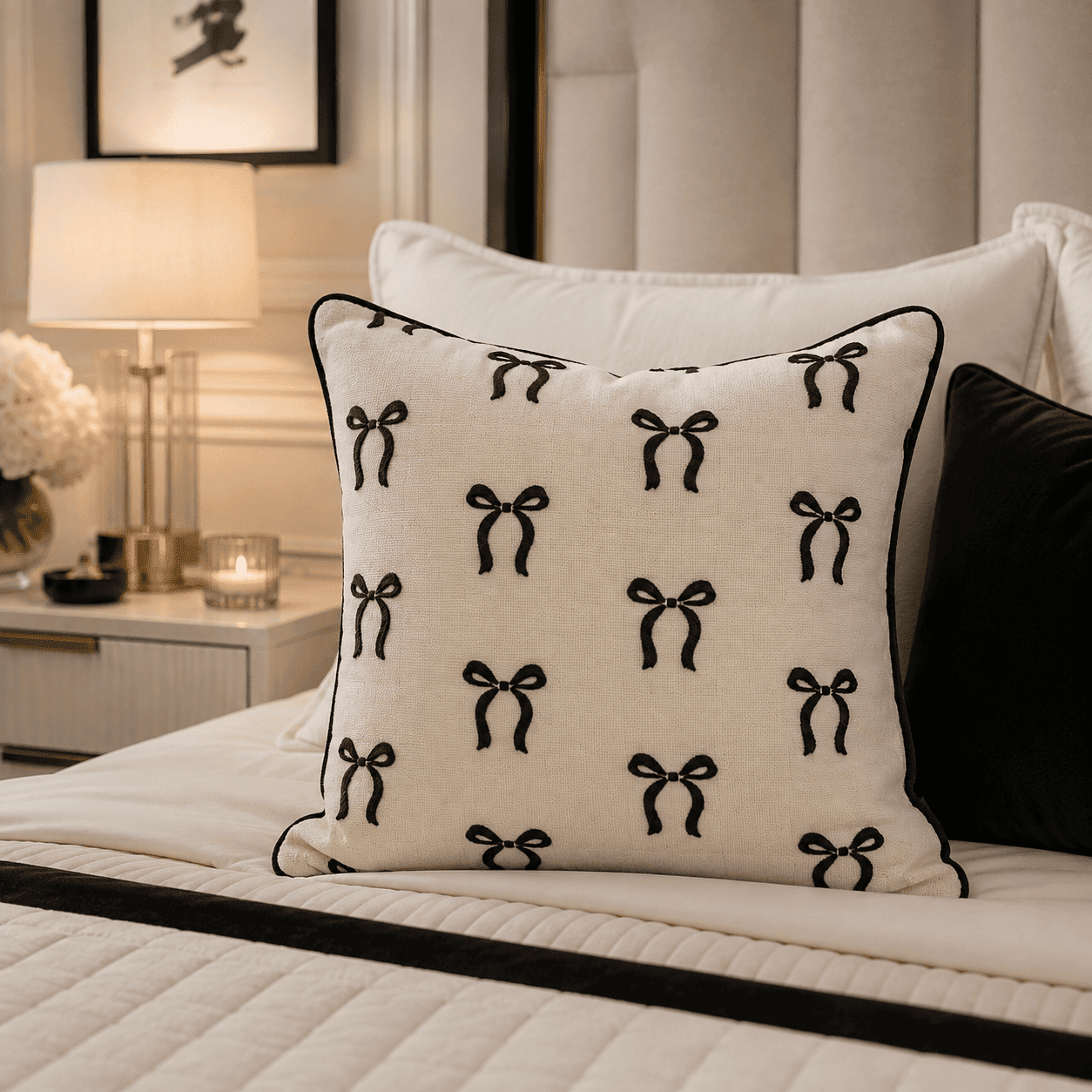 Belle Monochrome Bow Print Cushion Cover  - 45 x 45cm