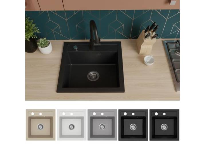Faizee Home Spülbecken Granit Schwarz 49x52 cm Hochwertige Küchenspüle & Einbauspüle Eckiges Spülbecken Beidseitig montierbare Granitspüle Einbaugranitspüle ab 45 cm Inkl. Siphon-Set