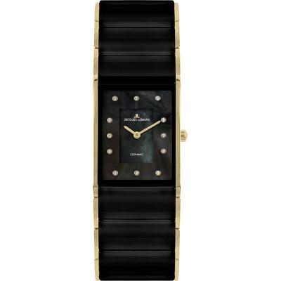 Keramikuhr JACQUES LEMANS "Dublin", schwarz (schwarz, goldfarben, schwarz), Armbanduhren, Damen, goldfarben, Quarzuhr, Armbanduhr, Damenuhr, Perlmutt-Zifferblatt,Keramikarmband