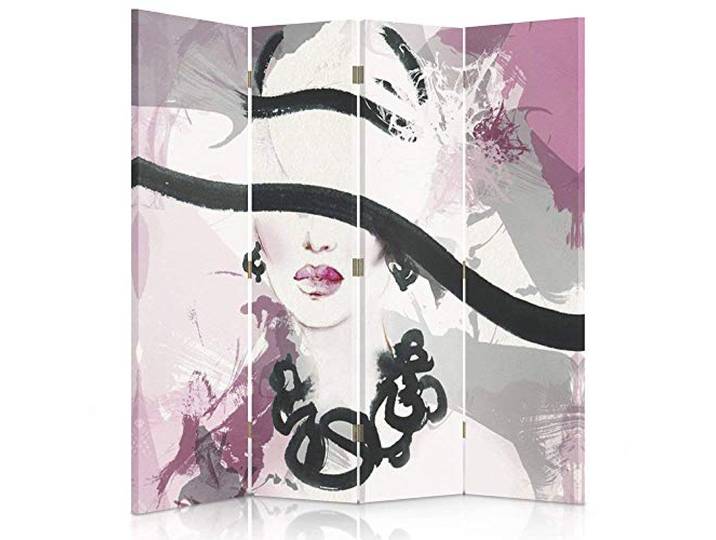Feeby Paravent Frau Mit Hut 145x180 cm 4 Teilig Modern Design beidseitig Raumteiler Wandschirme Foto Trennwand Raumtrenner Sichtschutz Spanische Wand auf Leinwand Bedruckt Weiß Rosa Schwarz