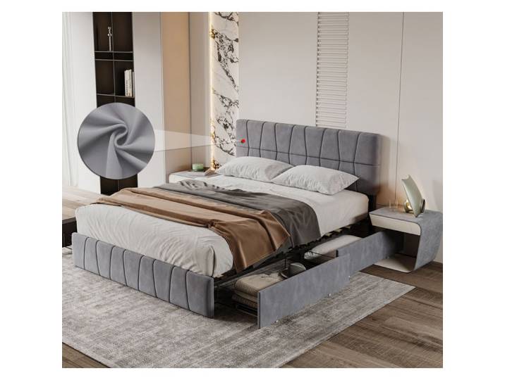 Lit double coffre - LUMINARIX - LUMINARIX - 160x200 cm - Velours gris - 4 tiroirs de rangement
