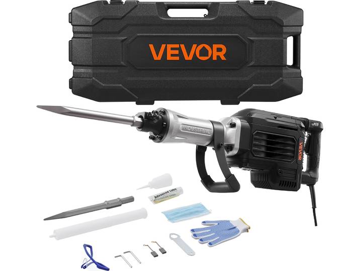 Marteau de démolition VEVOR 3000 W\, marteau électrique pour béton\, marteau pneumatique 1700 BPM avec burin pointu\, mallette de transport\, gants et lunettes de protection\, pour murs en béton\, briques\, carrelage\, fondations\, noir