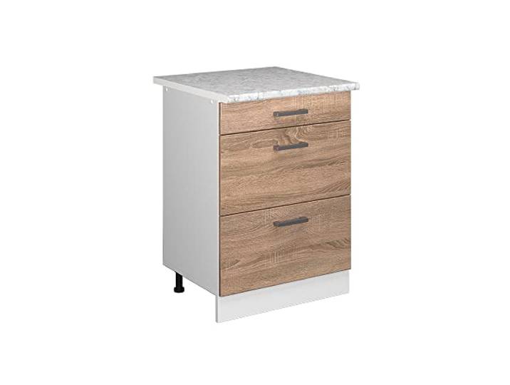 Vicco Küchenunterschrank R-Line, Sonoma, 60 cm 3 Schubladen · Arbeitsplatte Marmor · Höhenverst. Füße · Leichter Zugriff · Frei kombinierbar
