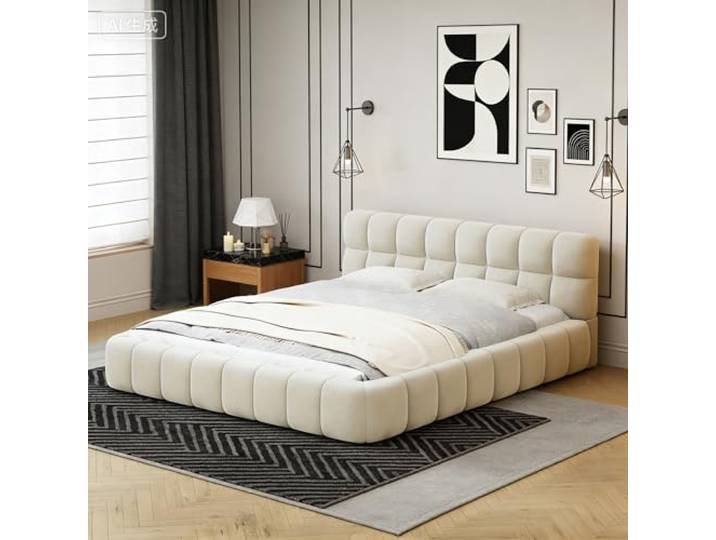 DAHUEN Polsterbett 140x200cm, Doppelbett Bubble Bett mit Lattenrost und Kopfteil, Jugendbett Flachbett mit weicher Rückenlehne, Leinen, Ohne Matratze, Beige (Beige, 140×200cm)