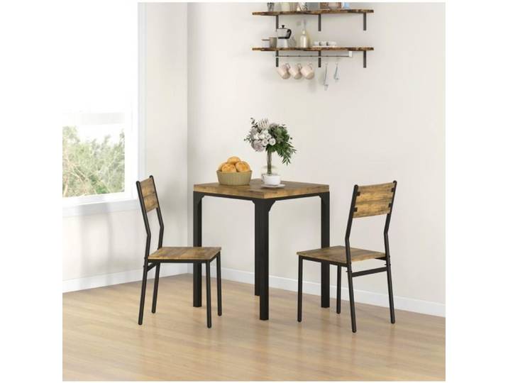 Ensemble Table et Chaises avec 1 Table et 2 Chaises - YEAVIO - pour 2 Personnes et Coin Repas - MDF et Métal - Marron Rustique