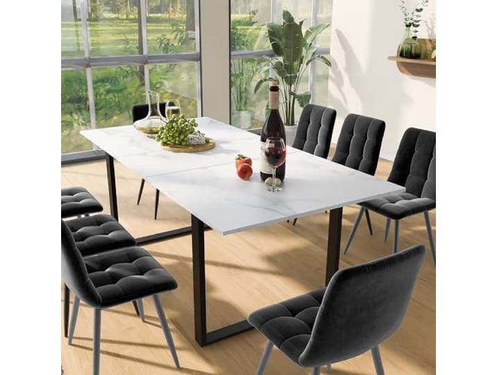boorbin Essgruppe,(Set,140/180×80×75cm Esstisch mit 8 Stühlen), Moderner Küchentisch Set,Esszimmerstuhl aus grauem Samt,MDF Tischplatte in Weißer,Schwarze Tischbeine (9, 1 Esstisch mit 8 Stühlen)