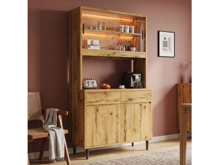 QAVRYL Buffet haut 100 x 40 x 185 cm décor chêne 4 portes vitrées 2 tiroirs LED prises USB