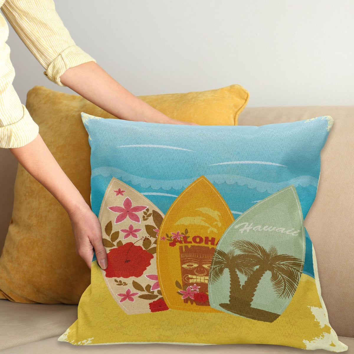 ABAKUHAUS Tiki Bar Kussenhoes Surfbrett Exotisch, Meerkleurig, 50 x 50 cm