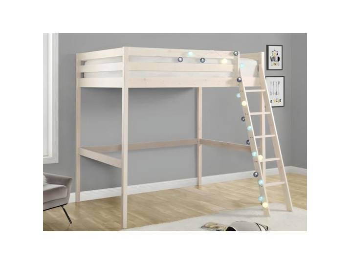 Lit mezzanine - 140 x 190 cm - Pin massif - Blanchi + matelas -GEDEON II