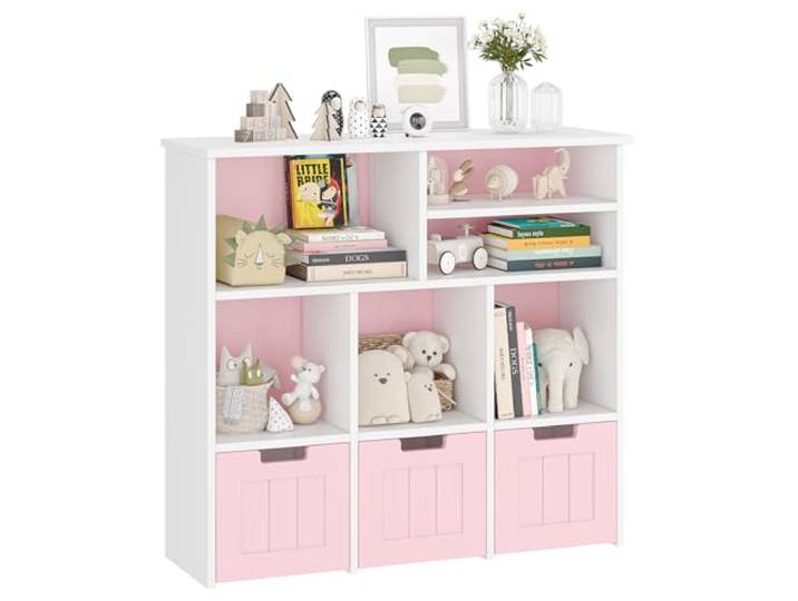 Garvee Kinderregal Spielzeugaufbewahrung mit 3 Ebenen & 3 Schubladen, Kinderzimmer Regal aus MDF, Spielzeugregal & Bücherregal Kinder, Weiß Rosa, 108 x 40.8 x 24 cm