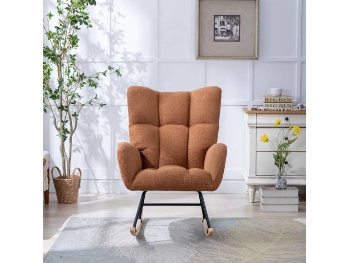 Fauteuil à Bascule - 65x77x90cm - Fauteuil Rocking Chair Tissu Bouclette Teddy avec Poche et Pieds Bois Massif - Marron