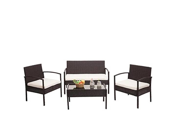 Mendler Poly-Rattan Garnitur HWC-F56 - braun, Kissen Creme Balkon-/Garten-/Lounge-Set, Sitzgruppe