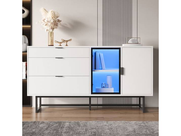 WOVREO Buffet bas blanc mat 160x36x78 cm avec vitrine LED 3 tiroirs porte vitrée et porte fermée